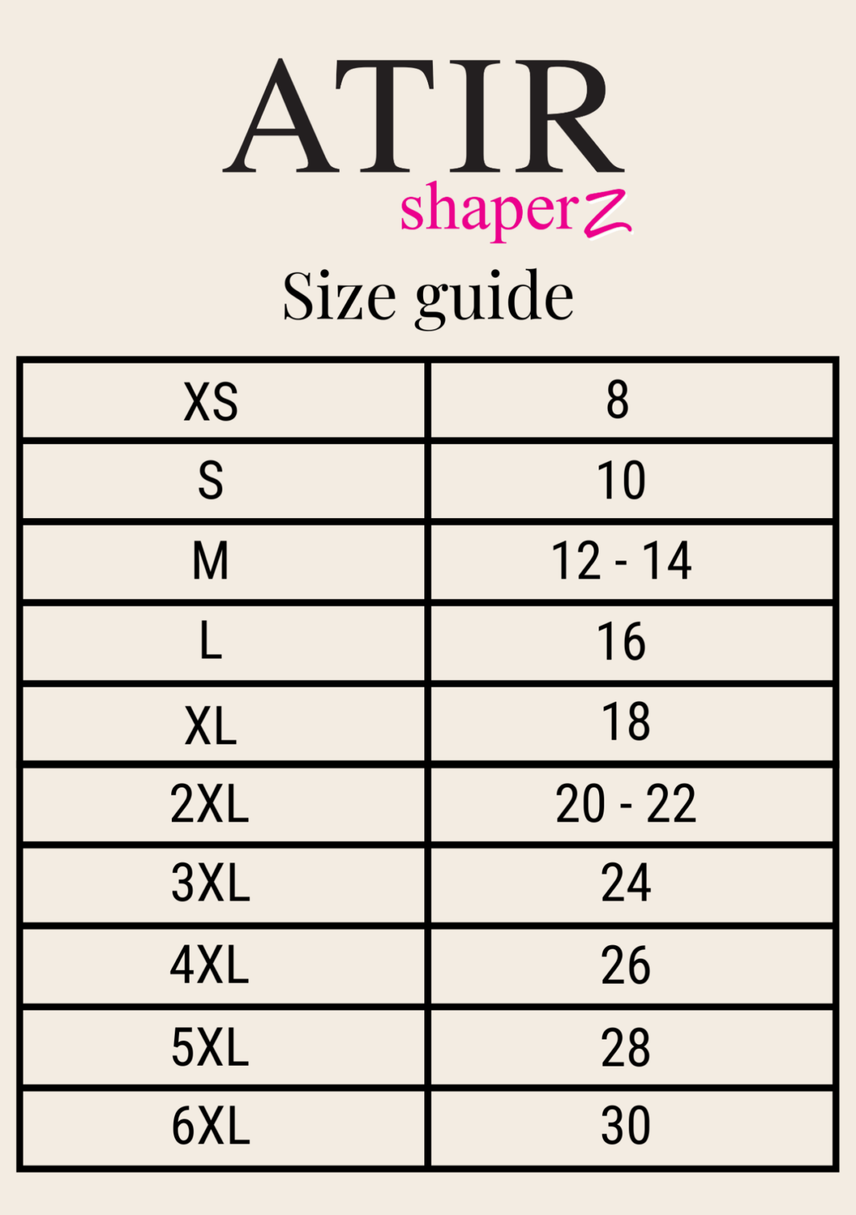 ATIR Shaperz size chart